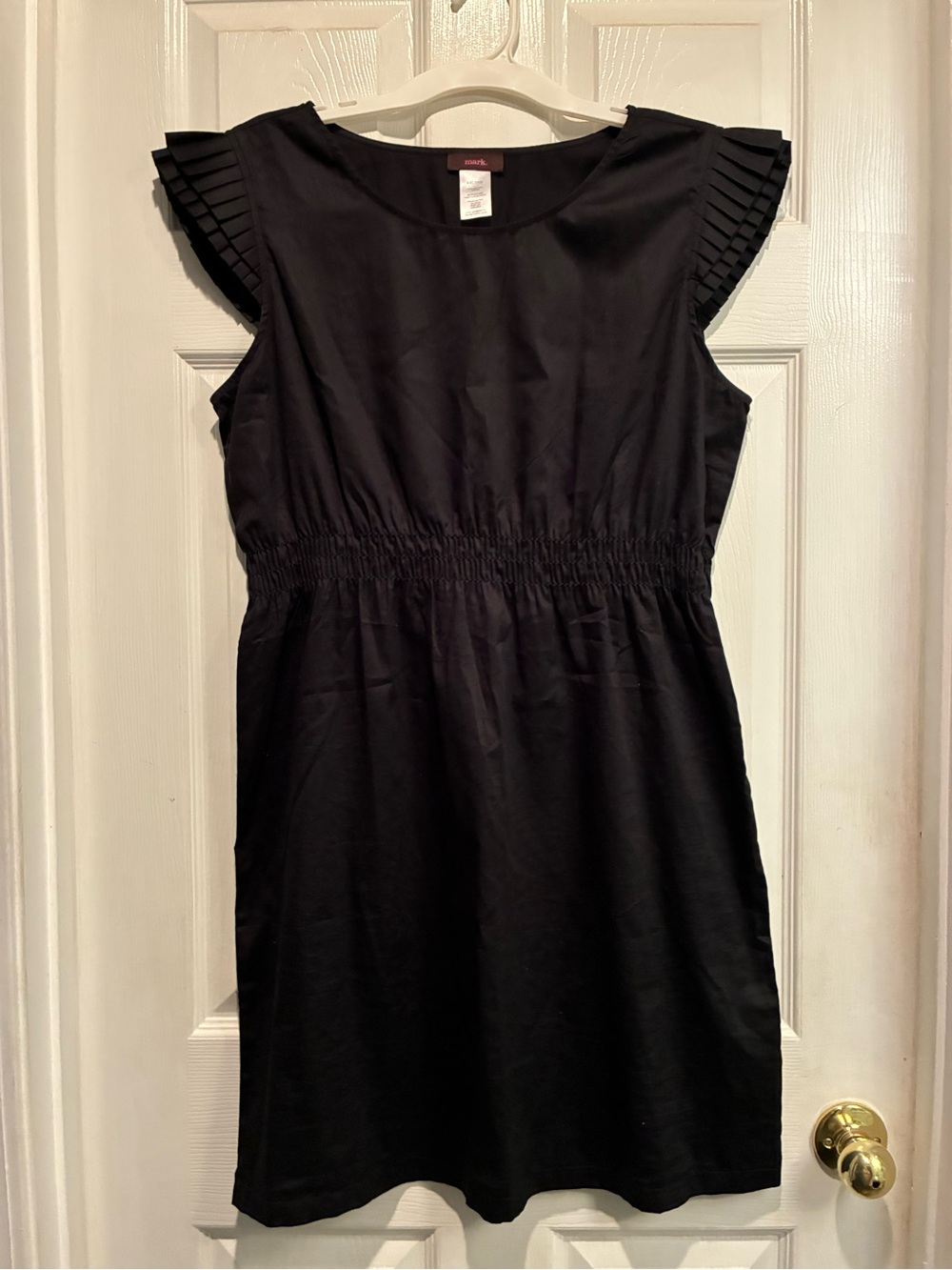 mark. Juniors Black Pleated Cap Sleeve Smocked Waist Dress